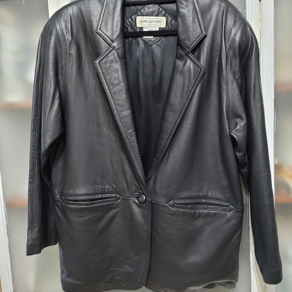 Vintage Leather Black Women's 1980's Jacket Blazer Retro shoulder pads - Picture 3 of 16